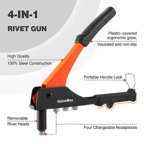 ValueMax 4-in-1 Hand Riveter/Rivet Gun, Pop Rivet Tool Kit with 200 Rivets - 3/32-inch, 1/8-inch, 5/32-inch, 3/16-inch, 4 Interchangeable Nosepieces, Suitable for Metal - Image 3