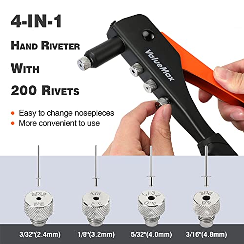 ValueMax 4-in-1 Hand Riveter/Rivet Gun, Pop Rivet Tool Kit with 200 Rivets - 3/32-inch, 1/8-inch, 5/32-inch, 3/16-inch, 4 Interchangeable Nosepieces, Suitable for Metal - Image 5