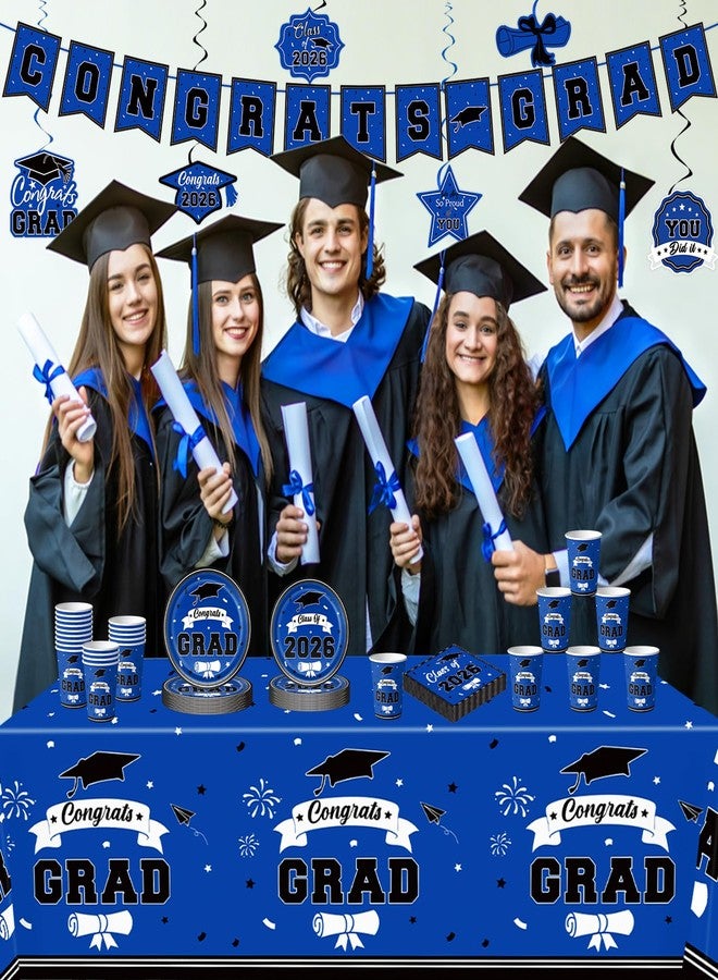 Leetous 2026 Graduation Decorations for Party, Blue Plates Napkins Cups Tablecloth with Congrats Grad Hanging Decor for 25 Guests, Congratulations Disposable Party Supplies Favors for College & Middle School - Image 2