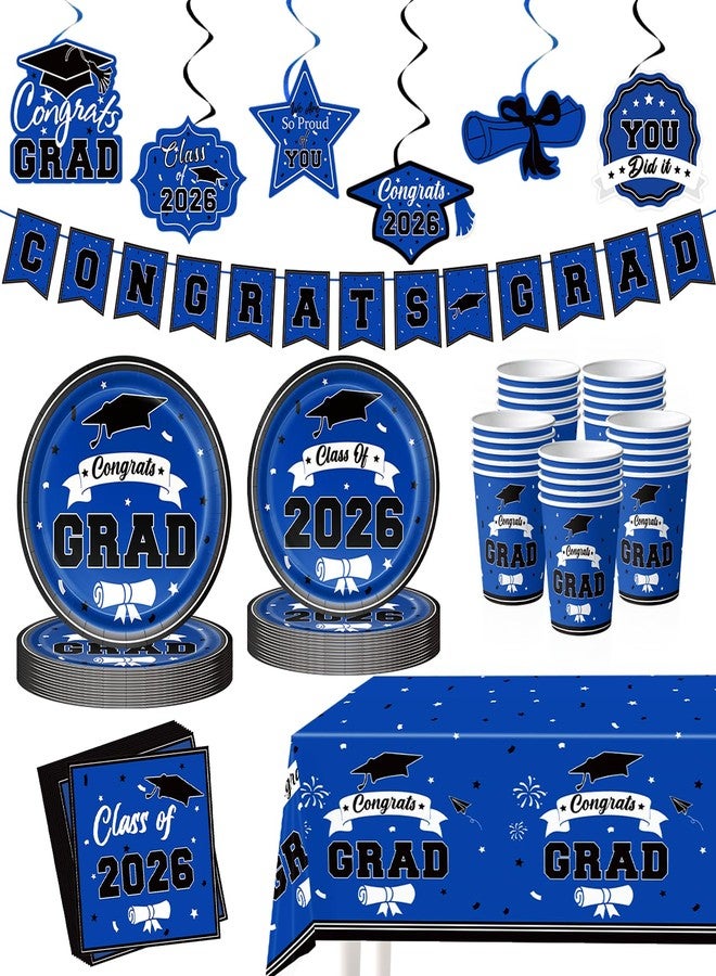 Leetous 2026 Graduation Decorations for Party, Blue Plates Napkins Cups Tablecloth with Congrats Grad Hanging Decor for 25 Guests, Congratulations Disposable Party Supplies Favors for College & Middle School - Image 1
