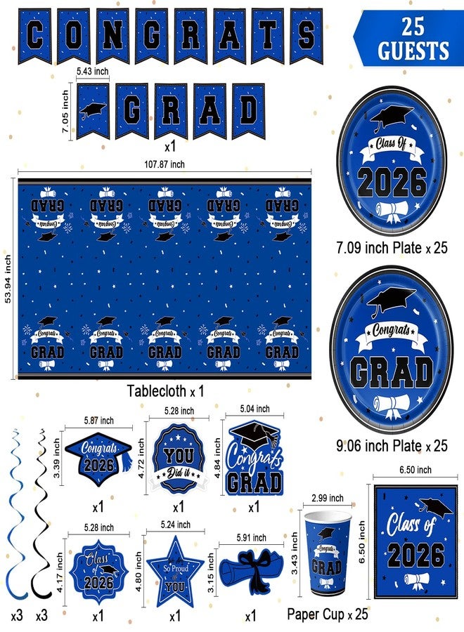 Leetous 2026 Graduation Decorations for Party, Blue Plates Napkins Cups Tablecloth with Congrats Grad Hanging Decor for 25 Guests, Congratulations Disposable Party Supplies Favors for College & Middle School - Image 3
