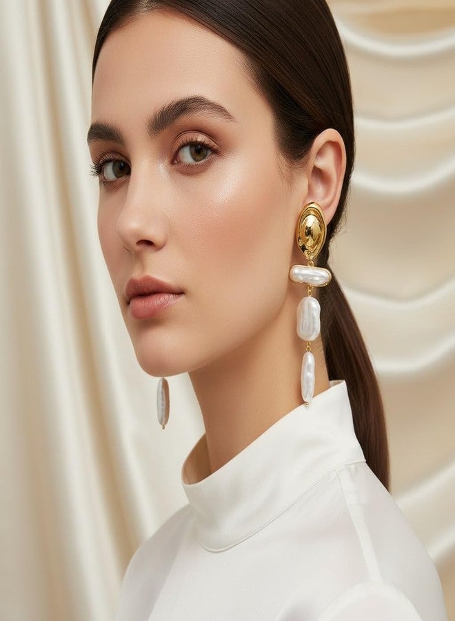 AMAAL Golden Pearl Long Chain Earrings Set for Women | Elegant Drop Ear Rings | Stylish Jewellery for Woman & Girls | Lightweight Gold Plated Pearl Stud Earrings | Modern Fashion Accessories Gift 172 - Image 3