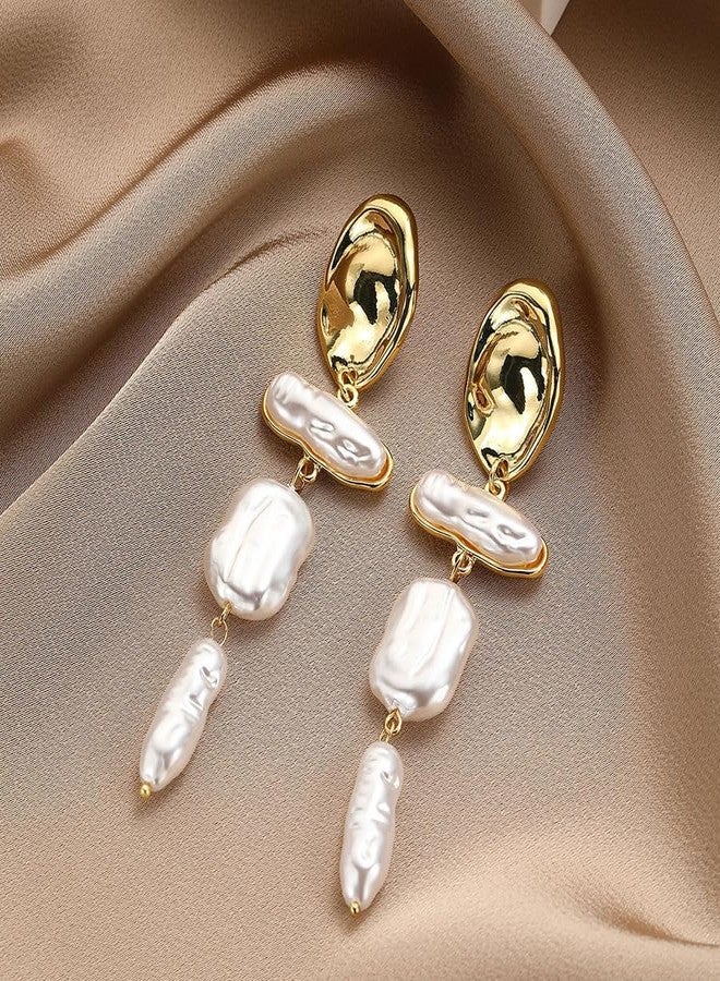AMAAL Golden Pearl Long Chain Earrings Set for Women | Elegant Drop Ear Rings | Stylish Jewellery for Woman & Girls | Lightweight Gold Plated Pearl Stud Earrings | Modern Fashion Accessories Gift 172 - Image 2