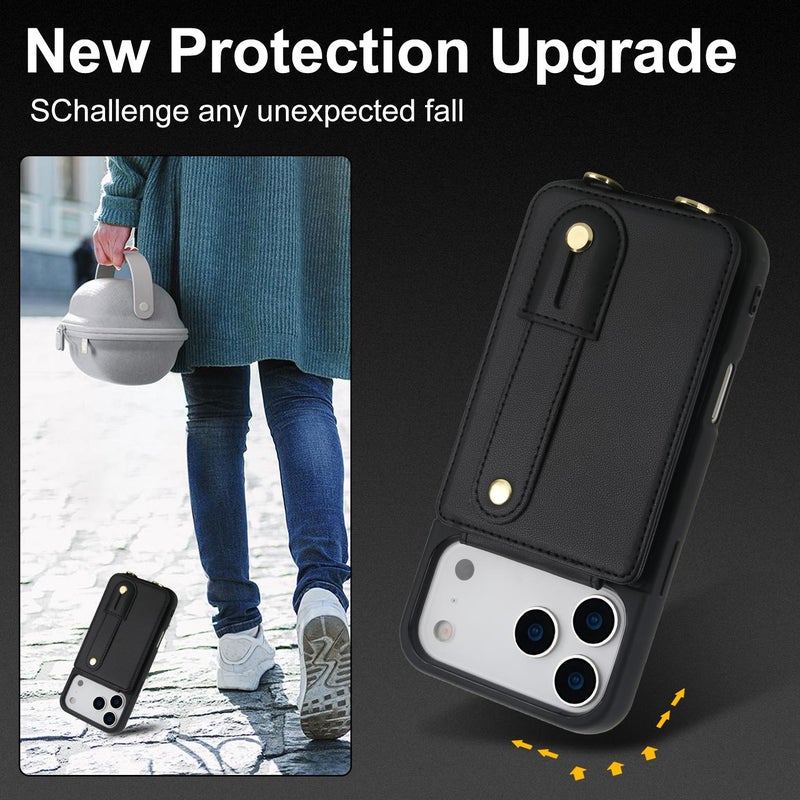 إيروريكس جراب هاتف خلفي بمحفظة قلابة عمودية مع سوار معصم لهاتف iPhone 17 Pro مع حبل طويل (أسود) - Image 3