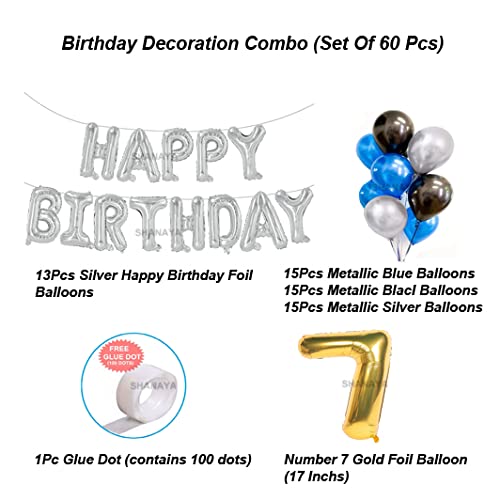 SHANAYA Birthday Decoration Items| 7th Birthday Decoration For Girls Boys Husband Wife| Birthday Decoration Set Kit| 60Pcs Includes Happy Birthday Silver Foil Blue Black Silver Metallic Balloons No7 Foil - Image 2