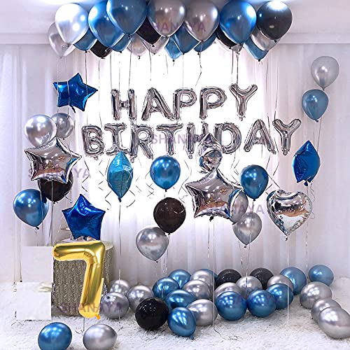 SHANAYA Birthday Decoration Items| 7th Birthday Decoration For Girls Boys Husband Wife| Birthday Decoration Set Kit| 60Pcs Includes Happy Birthday Silver Foil Blue Black Silver Metallic Balloons No7 Foil - Image 1
