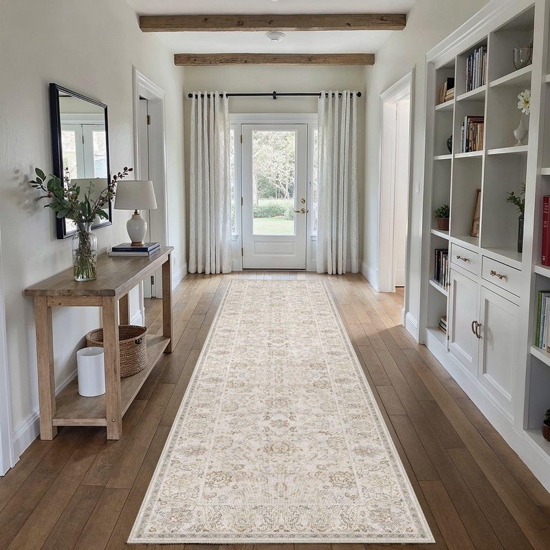 HUGEAR 2x8 Machine Washable Hallway Runner Rugs Vintage Grey - Neutral Non Slip Stain Resistant Low Pile Aesthetic Throw Carpet Kids & Pet Friendly for Bedroom Kitchen Entryway - Image 1