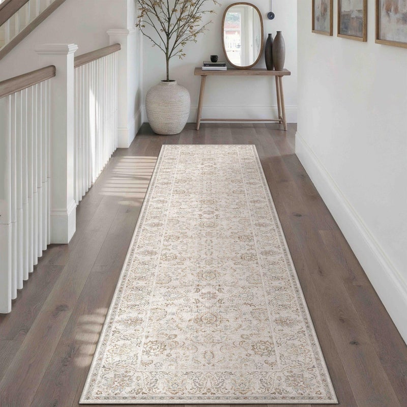 HUGEAR 2x8 Machine Washable Hallway Runner Rugs Vintage Grey - Neutral Non Slip Stain Resistant Low Pile Aesthetic Throw Carpet Kids & Pet Friendly for Bedroom Kitchen Entryway - Image 3