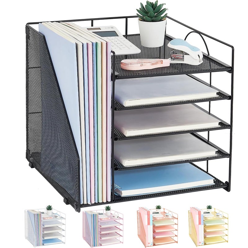 LEKETREE Desk Organizers and Accessories 5Tier Paper Letter Tray Organizer with File Holder Desktop Organizer for Office Supplies Black
