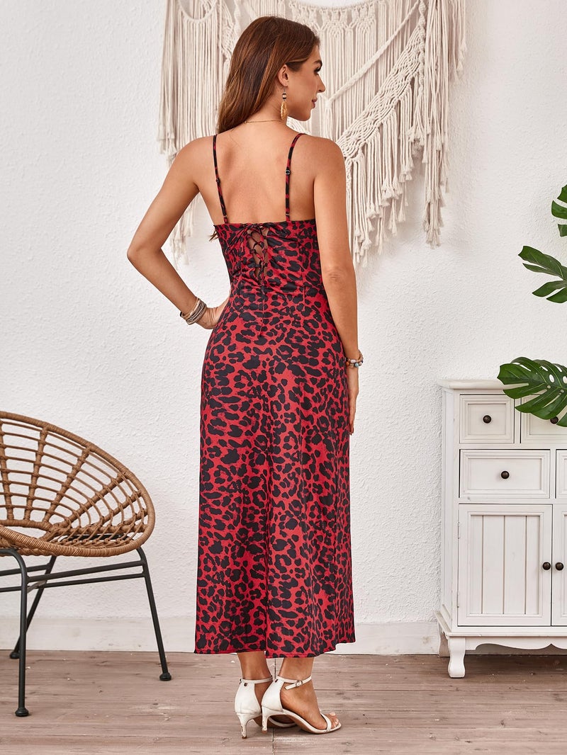 Floerns Women's Leopard Print Draped Collar Spaghetti Strap Cami Long Dress Red Small - Image 2