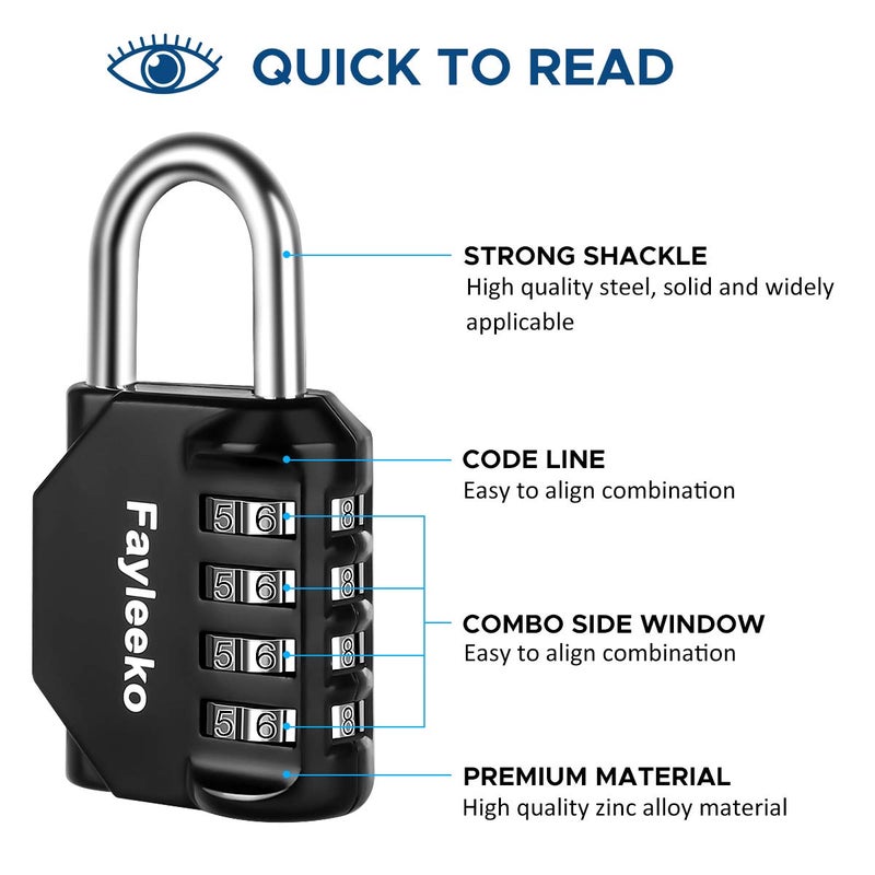 Fayleeko Combination Lock, 4 Digit Combination Padlock for School Gym Sports Locker, Fence, Toolbox, Case, Hasp Cabinet Storage (4 Pack, Black) - Image 3