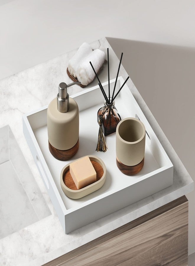 Satu Brown White Wooden Serving Tray with Handles, 12"x12"x2"H Square Countertop Organizer Tray， Decorative Cosmetics Trays for Kitchen, Bathroom, Sturdy Food Trays for Breakfast, Tea - Image 5