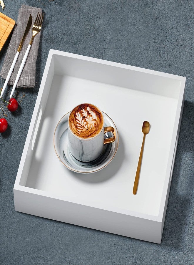 Satu Brown White Wooden Serving Tray with Handles, 12"x12"x2"H Square Countertop Organizer Tray， Decorative Cosmetics Trays for Kitchen, Bathroom, Sturdy Food Trays for Breakfast, Tea - Image 3