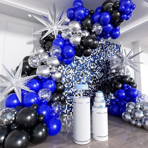 ADOINBY Blue and Black Balloon Arch Kit 201Pcs Explosion Star Royal Blue Metallic Sliver Black Balloon Garland kit Different Size Balloons for Anniversary Birthday Graduation Prom Party Decorations - Image 1