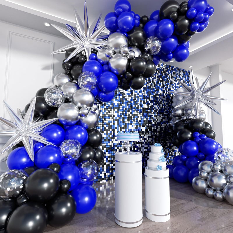 ADOINBY Blue and Black Balloon Arch Kit 201Pcs Explosion Star Royal Blue Metallic Sliver Black Balloon Garland kit Different Size Balloons for Anniversary Birthday Graduation Prom Party Decorations - Image 2