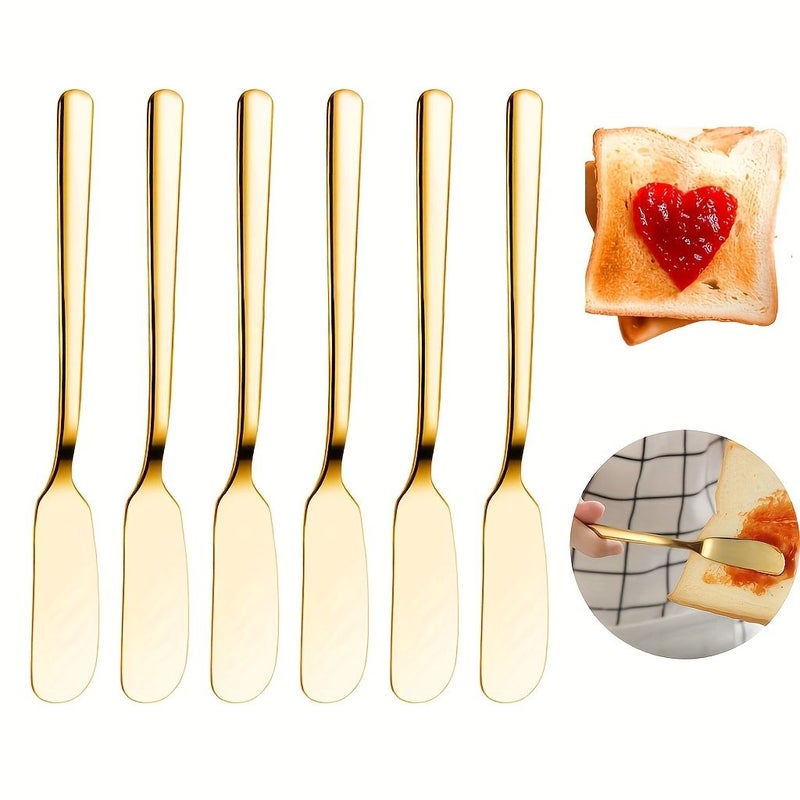 6 Piece Golden Butter Knives Food Grade Stainless Steel Jam Applicators Dishwasher Safe - Image 1