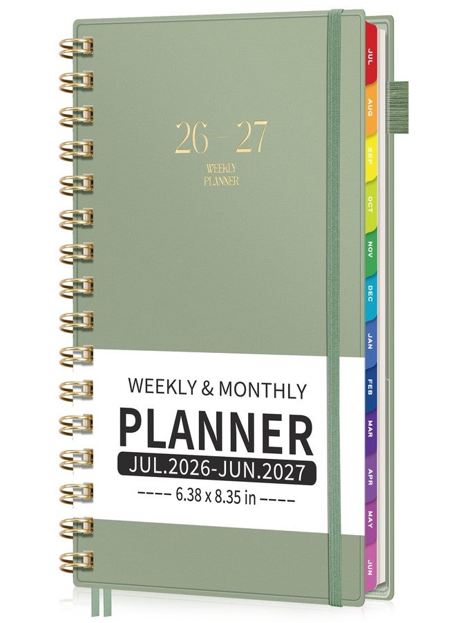 EMSHOI Academic Planner 2026-2027, Weekly and Monthly Calendar (July 2026 - June 2027), School Student Teacher Agenda Book, 100GSM Paper, PVC Cover, Colorful Tabs, A5 (6.38" x 8.35"), Light Green - Image 1