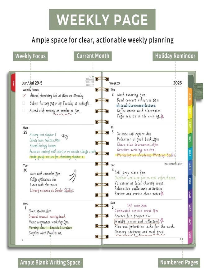 EMSHOI Academic Planner 2026-2027, Weekly and Monthly Calendar (July 2026 - June 2027), School Student Teacher Agenda Book, 100GSM Paper, PVC Cover, Colorful Tabs, A5 (6.38" x 8.35"), Light Green - Image 3