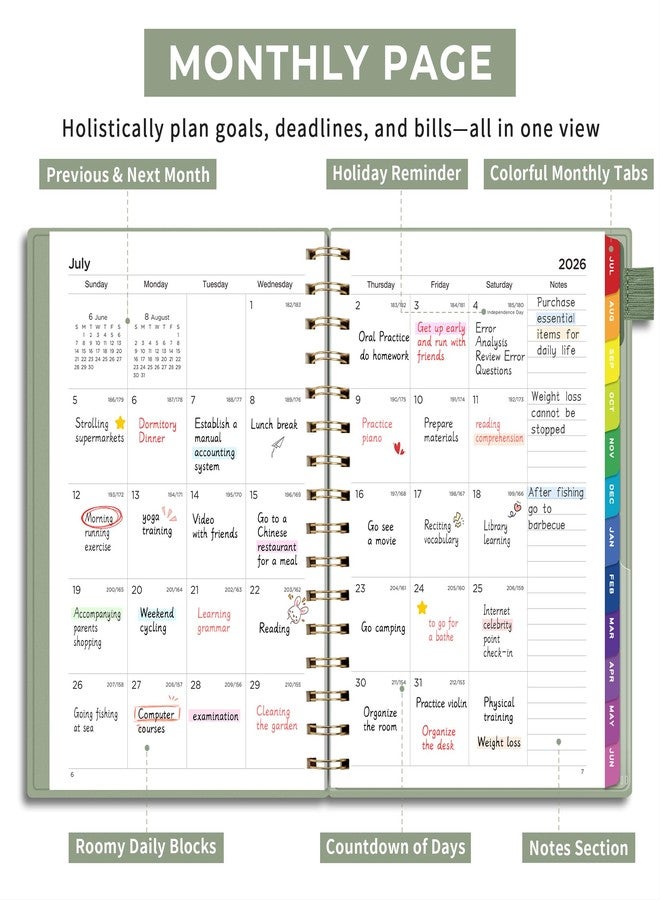 EMSHOI Academic Planner 2026-2027, Weekly and Monthly Calendar (July 2026 - June 2027), School Student Teacher Agenda Book, 100GSM Paper, PVC Cover, Colorful Tabs, A5 (6.38" x 8.35"), Light Green - Image 4