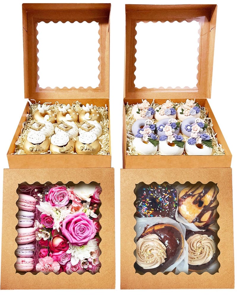 Bakepacker 55pcs Brown Pie Boxes 8x8x2.5 inches Easy Assemble Macaroon Bakery Boxes Cookie Boxes with Window for Bakery (Auto-pop Up) - Image 2