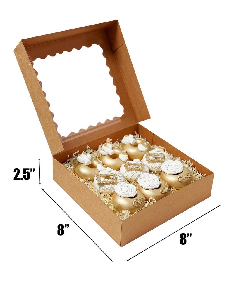 Bakepacker 55pcs Brown Pie Boxes 8x8x2.5 inches Easy Assemble Macaroon Bakery Boxes Cookie Boxes with Window for Bakery (Auto-pop Up) - Image 4