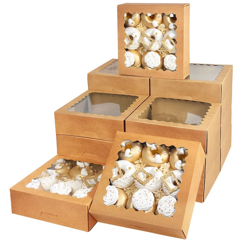 Bakepacker 55pcs Brown Pie Boxes 8x8x2.5 inches Easy Assemble Macaroon Bakery Boxes Cookie Boxes with Window for Bakery (Auto-pop Up) - Image 1