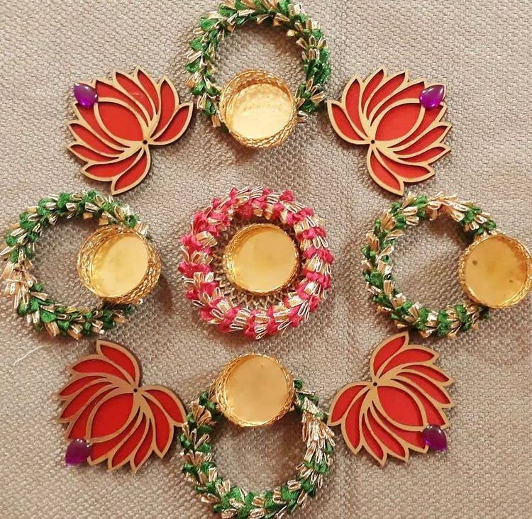 RedCrush RED CRUSH Candles Color and Golden with Lotus Tealights with Tealights Holders for Diwali Festive Decor Multicolor Set of 5