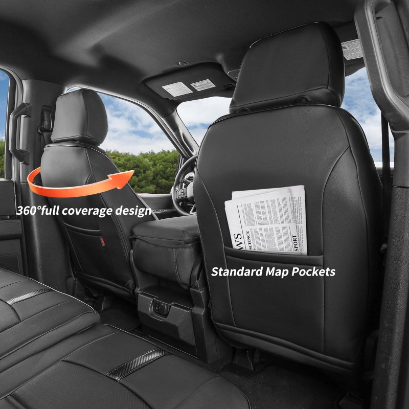 coverdream أغطية مقاعد أمامية لفورد F150 من 2015-2020 سوبر كرو XL، XLT و 2017-2022 F250/F350 كرو كاب XL، XLT بيك أب، بدون مسند ذراع خلفي، مغطاة بالكامل، واقية من الماء، جلد (عبوة 2، أسود وألياف كربونية) - Image 2