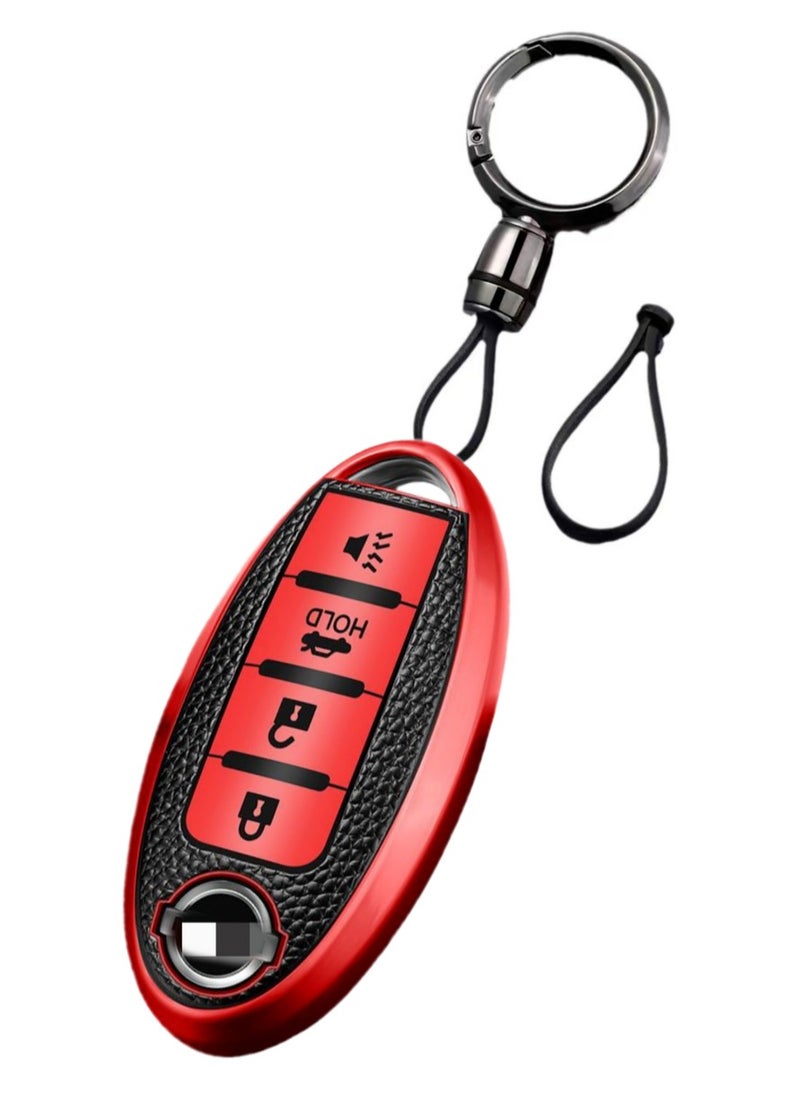 OUYoo - OUYoo For Nissan Key Fob Cover, for Nissan Altima Accessories Maxima Rogue Armada Pathfinder Infiniti Premium Soft TPU Full Cover Smart Remote Keyless Key，With key chain(4 Button only) (Red） - Image 1