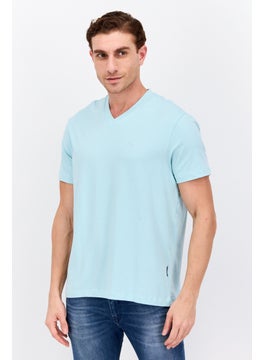 Men V  Neck Short Sleeves Brand Logo T-Shirt, Turquoise
