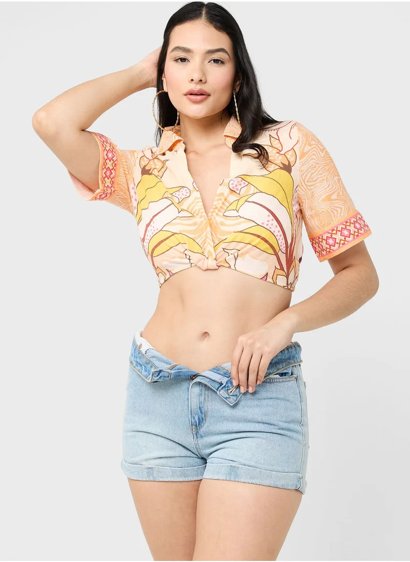 RIVER ISLAND Floral Print Crop Shirt