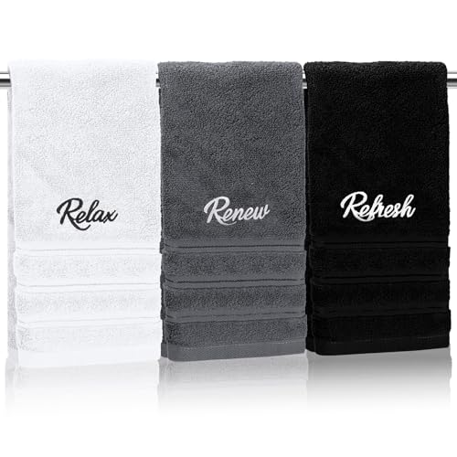 Ddeetodu 3 Pcs Bathroom Towels Decorative Set, Bathroom Decor Towels, Farmhouse Decorative Hand Towel, Embroidered 100% Cotton, Black Decoratives Towel for Bathrooms Boho Decor (Relax Renew Refresh) - Image 1
