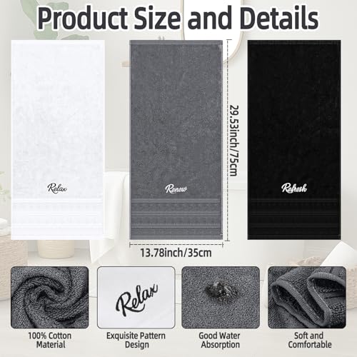 Ddeetodu 3 Pcs Bathroom Towels Decorative Set, Bathroom Decor Towels, Farmhouse Decorative Hand Towel, Embroidered 100% Cotton, Black Decoratives Towel for Bathrooms Boho Decor (Relax Renew Refresh) - Image 2