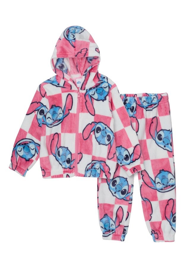 Disney Stitch Toddler Girls’ Sherpa Outfit Set - Two Piece Fuzzy Zip-Up Hoodie Jacket & Jogger Pants with Allover Print (Pink, 6) - Image 1