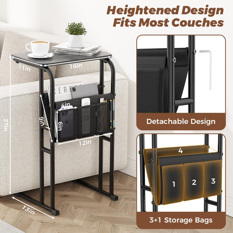 Olldide C-Shaped End Table with Storage Bag, Side Table for Living Room Bedroom, Slide Under Couch Sofa TV Trays Desk, Small Narrow Space Applicable, Black - Image 2