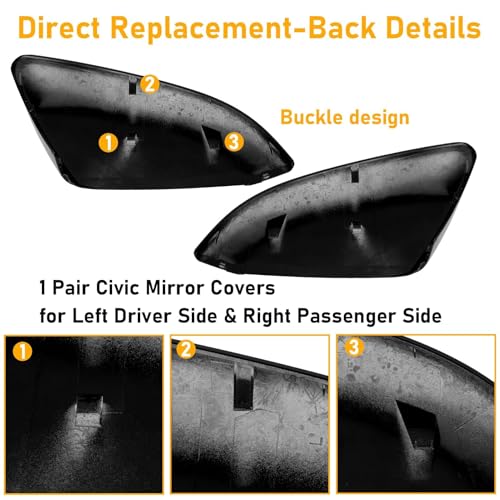 Moonlinks Compatible with 2016-2021 Honda Civic Side Mirror Cover Replacement,Glossy Black LH & RH Side Door Rearview Mirror Cap Trim for 10th Gen Civic,2019-2022 Insight,(1 Pair) - Image 5