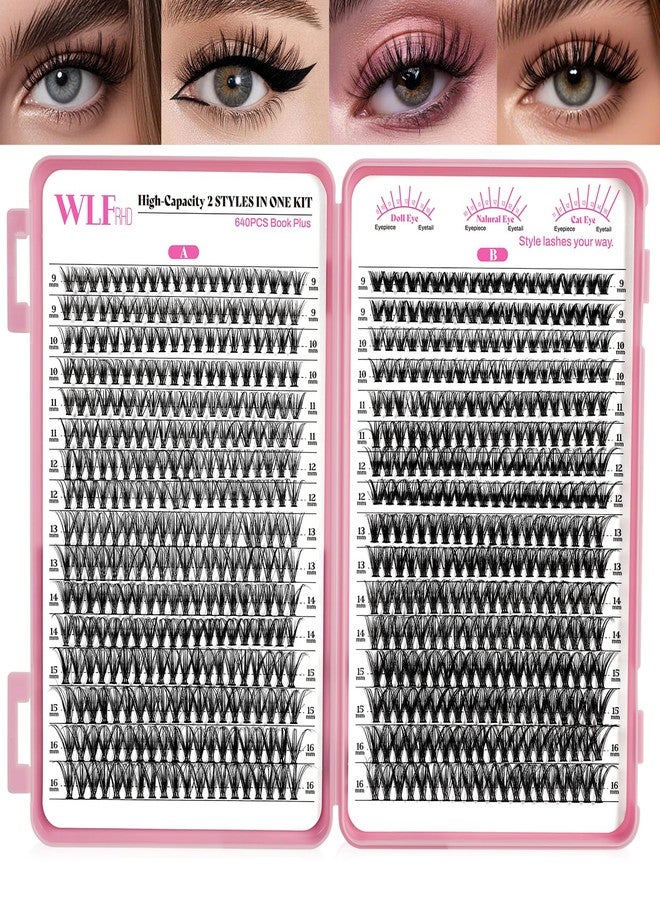 رموش عنقودية من WLF، 640 قطعة، نمطان، رموش عنقودية طبيعية 30D+40D، رموش فردية، رموش منحنية على شكل حرف D، وصلات عنقودية، وصلات رموش عنقودية خفيفة ورقيقة يمكنك تركيبها بنفسك، وصلات رموش صناعية (مزيج 9-16 مم) - Image 1