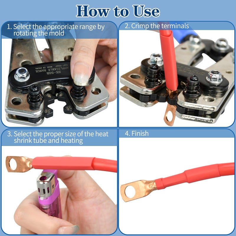 Mdvora Cable Lug Crimping Tool with 74pcs Copper Wire Lugs, 100pcs Dual Wall Adhesive Heat Shrink Tubing, Wire Crimping Tool for AWG 10-1/0 Electrical Lug Crimper - Image 5