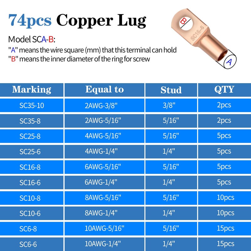 Mdvora Cable Lug Crimping Tool with 74pcs Copper Wire Lugs, 100pcs Dual Wall Adhesive Heat Shrink Tubing, Wire Crimping Tool for AWG 10-1/0 Electrical Lug Crimper - Image 3