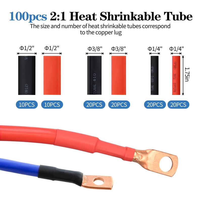 Mdvora Cable Lug Crimping Tool with 74pcs Copper Wire Lugs, 100pcs Dual Wall Adhesive Heat Shrink Tubing, Wire Crimping Tool for AWG 10-1/0 Electrical Lug Crimper - Image 4