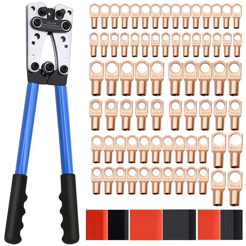 Mdvora Cable Lug Crimping Tool with 74pcs Copper Wire Lugs, 100pcs Dual Wall Adhesive Heat Shrink Tubing, Wire Crimping Tool for AWG 10-1/0 Electrical Lug Crimper - Image 1