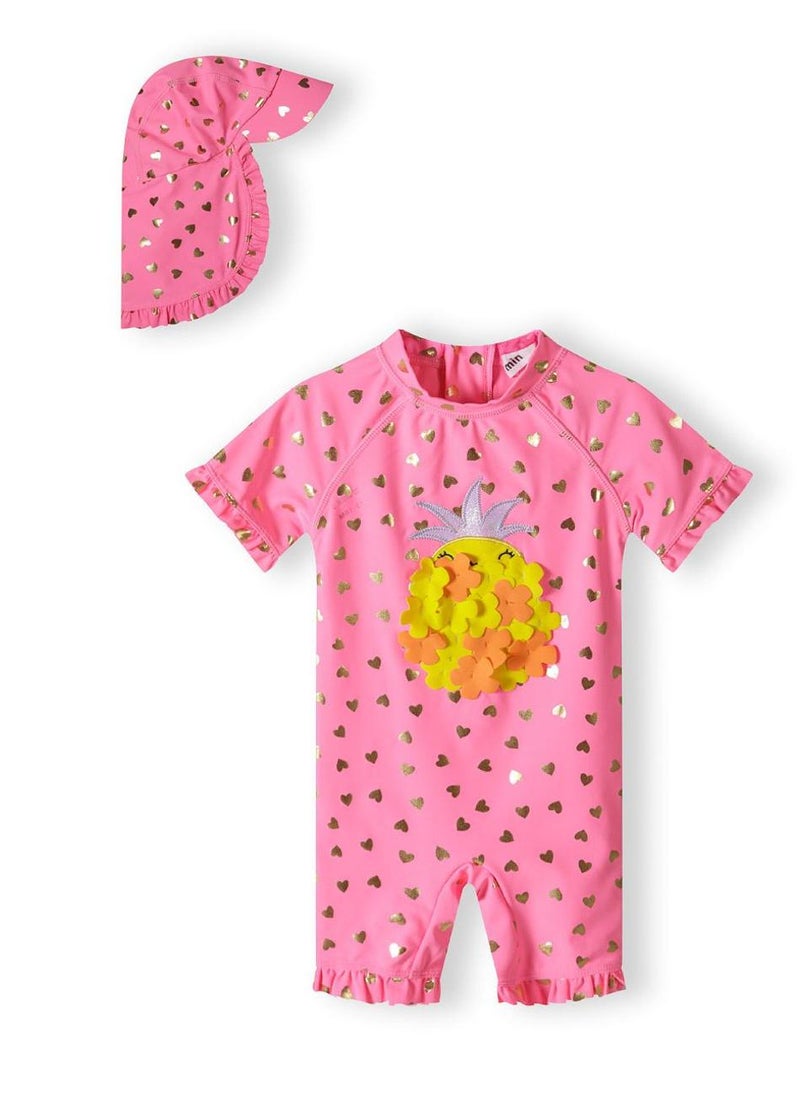 مينوتي طقم سباحة من قطعتين للبنات: بدلة بأكمام قصيرة مع قبعة شمسية - Image 1