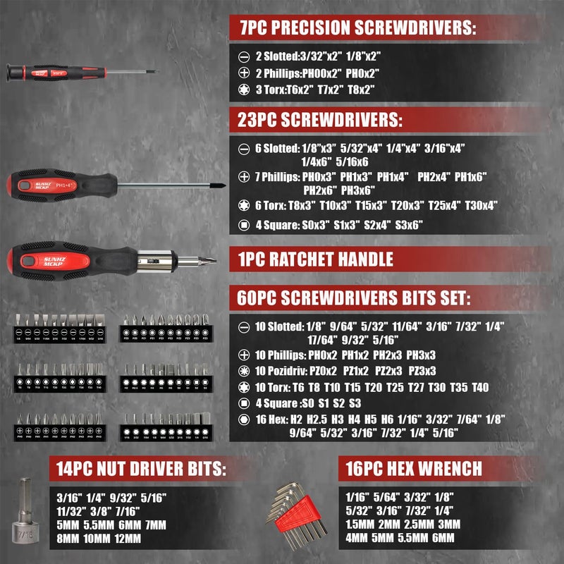 SUNHZ MCKP SUNHZMCKP 124-Piece Magnetic Screwdriver set, Includes Slotted, Phillips, Pozidriv, Hex, Torx and Precision Screwdriver, ratcheting screwdriver and nut drivers With Storage rack - Image 2