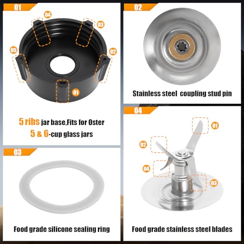 Swess Blender Blade for Oster Osterizer with Sealing Ring Gasket 4902 Jar Bottom Coupling Stud Pin Kit Compatible with Oster Blender Glass Jar Replacement Kit - Image 3