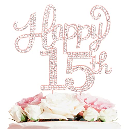 LASKYER Happy 15th Birthday Decorations15th Birthday Rose Gold Rhinestone Cake Topper Cheers to Fifteen Years Old Bday Party Metal Sparkly Cake Centerpieces Sign - Image 1