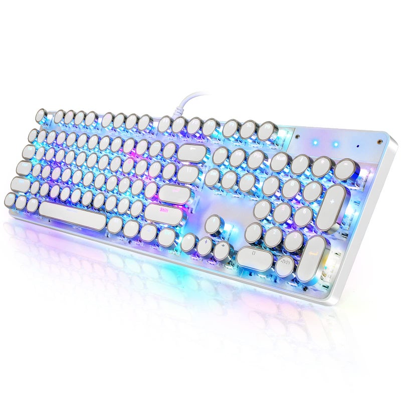 YSCP Typewriter Style Mechanical Gaming Keyboard RGB Backlit Wired with Blue Switch Retro Round Keycap 104 Keys Keyboard (R-White) - Image 1
