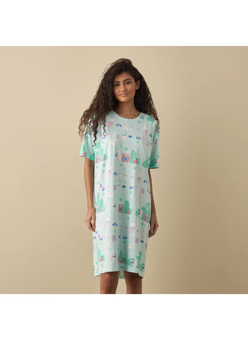 FAV Printed Sleepshirt with Round Neck and Short Sleeves