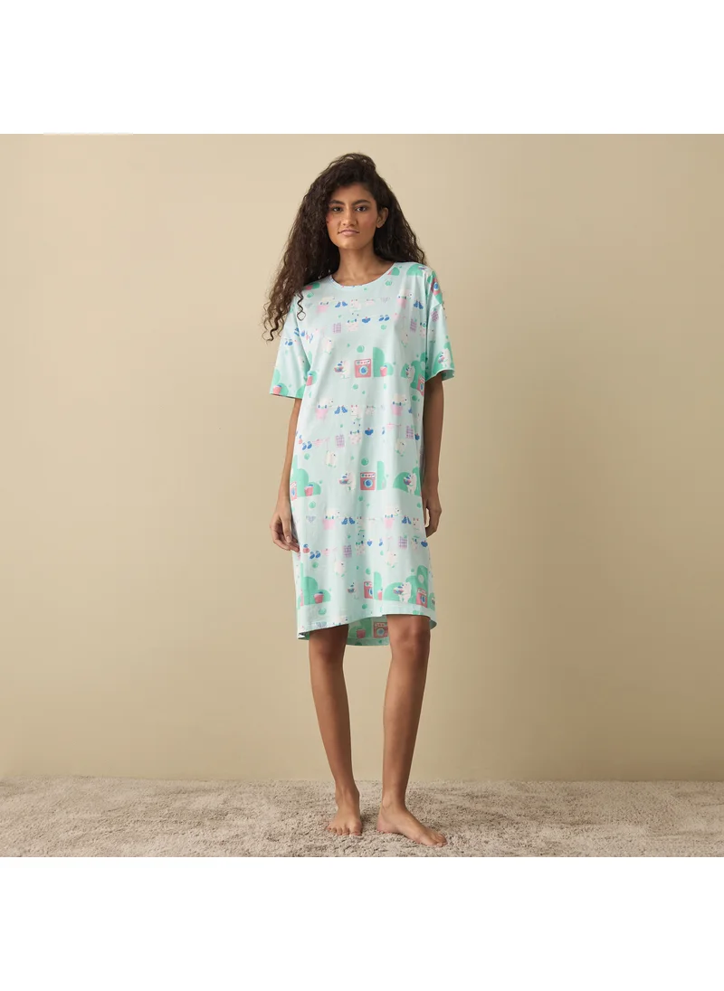 FAV Printed Sleepshirt with Round Neck and Short Sleeves