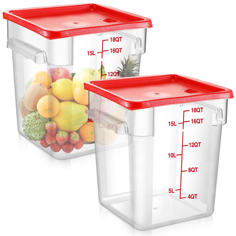 Suclain 2 Pcs Square Food Storage Container Polycarbonate Clear Food Container with Red Lid Commercial Rice Storage with Red Graduations for Commercial Kitchen12QT