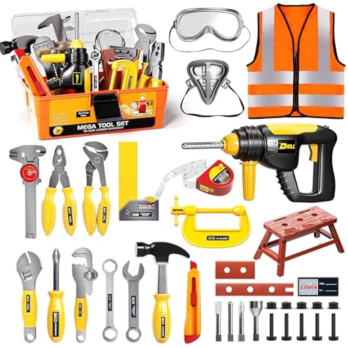 TOOL SET WITH TOOL BOX & ELECTRONIC TOY DRILL, PRETEND PLAY KIDS CONSTRUCTION KITS FOR KIDS AGES 3-5 YEARS OLD, TODDLER BOY TOYS - Image 1